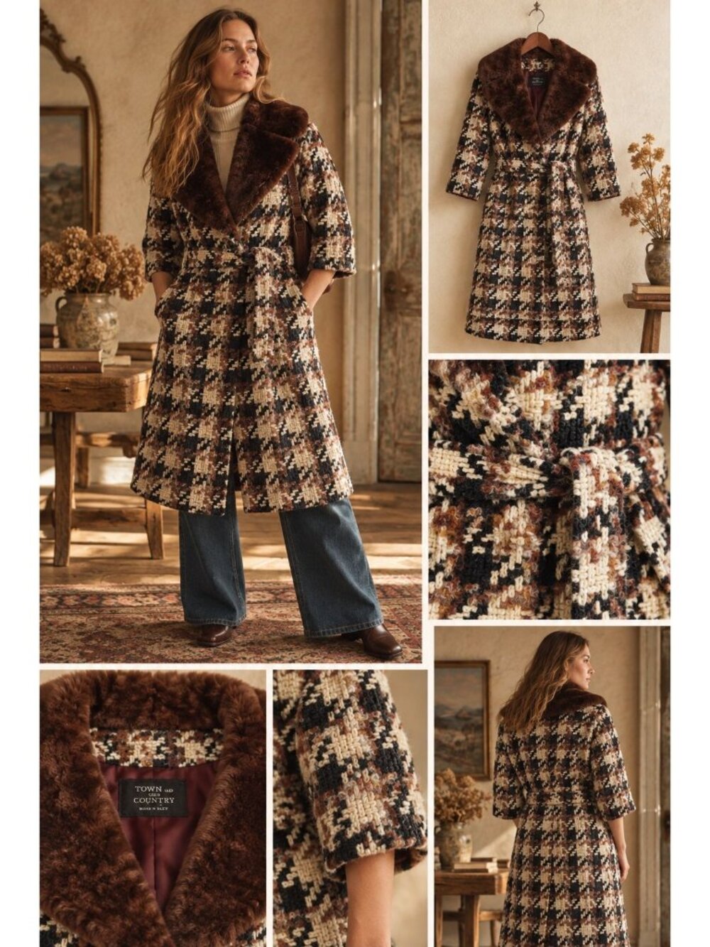 Vintage Town & Country Houndstooth Belted Coat Brown Fur Collar Wool Mod 60s 70s